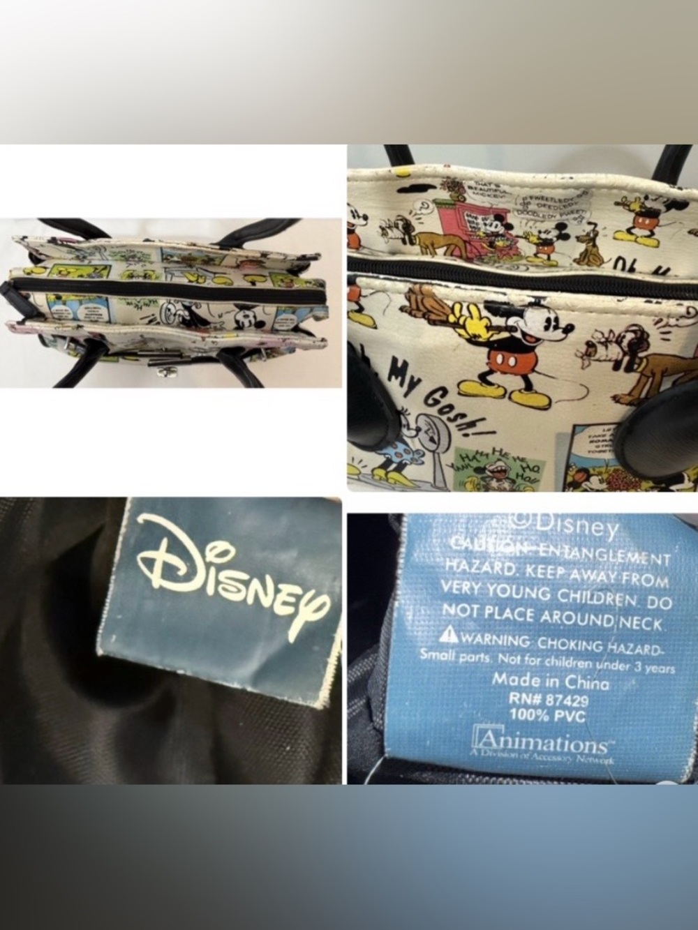 Vintage Disney Mickey Minnie Mouse Top Handle Bag Comic Print Faux Leather -Read - Picture 2 of 15